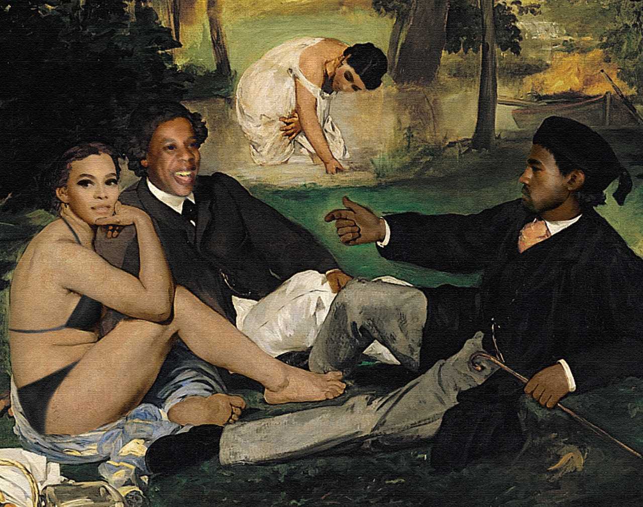 Bey, Jay, Kanye &amp; Kim enjoy a relaxing day by one of the family estate&#8217;s many woodland ponds. Kanye tells a joke, Jay laughs politely.  Bey is unamused.  